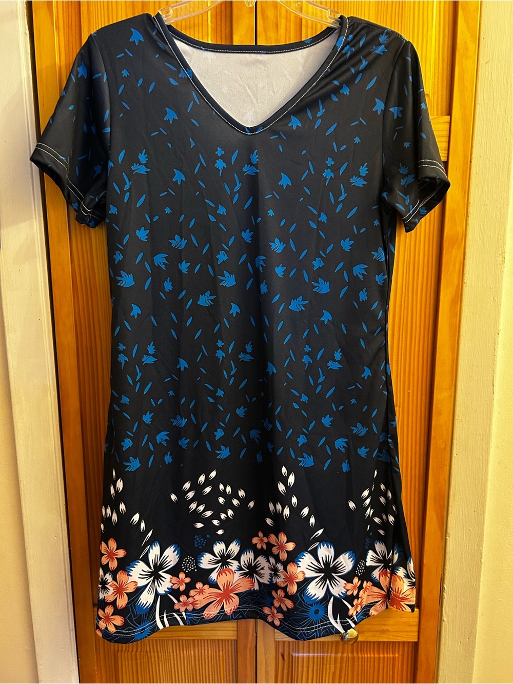 Black Floral V-Neck Women's Dress with Blue Accents